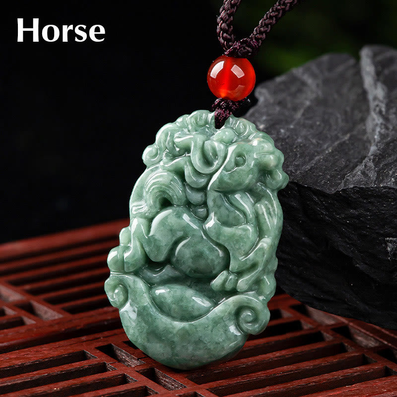 Jade Zodiac Prosperity Necklace – Rearing horse with flowing mane on lattice, success, free