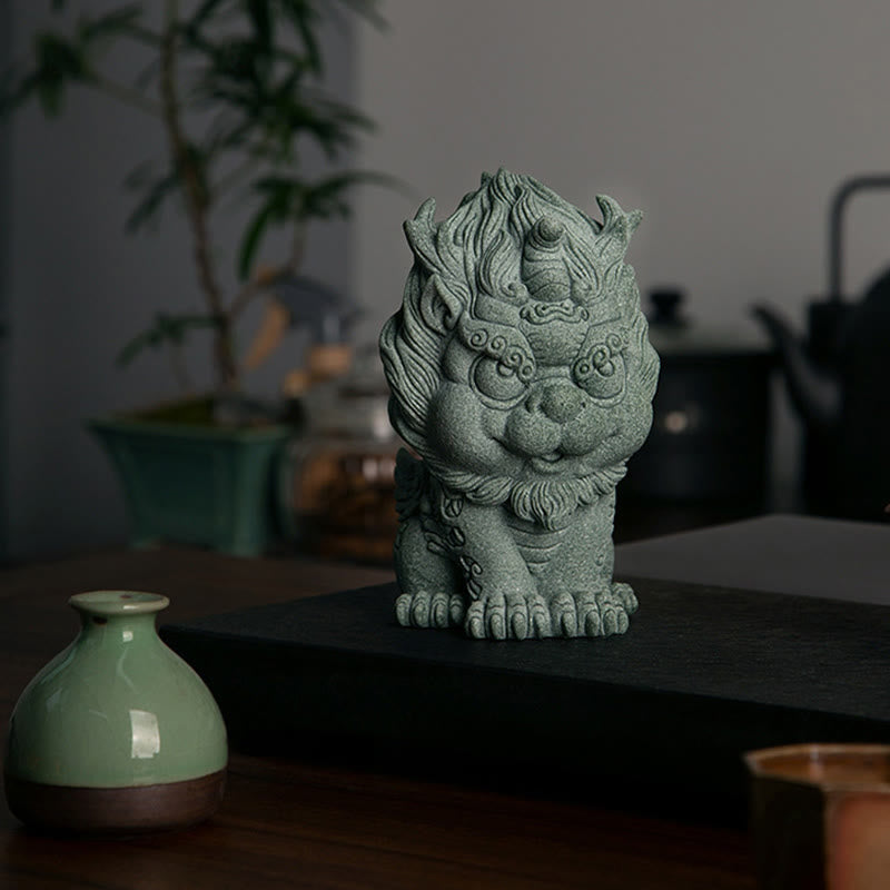 PiXiu Sandstone Statue – Front view on tea table with celadon vase, indoor zen home decoration