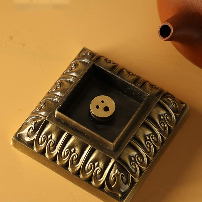 Heart Sutra Incense Burner – square base with scrollwork and teapot, meditative