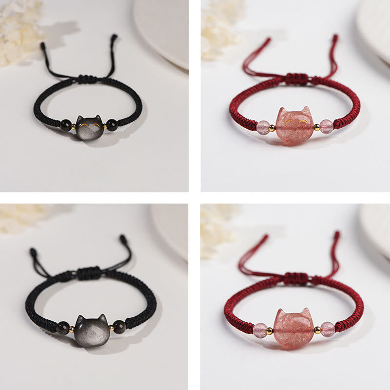 Silver sheen obsidian and strawberry quartz cat bracelet set, four views showing black and burgundy cord variants with gold-accented cat charms