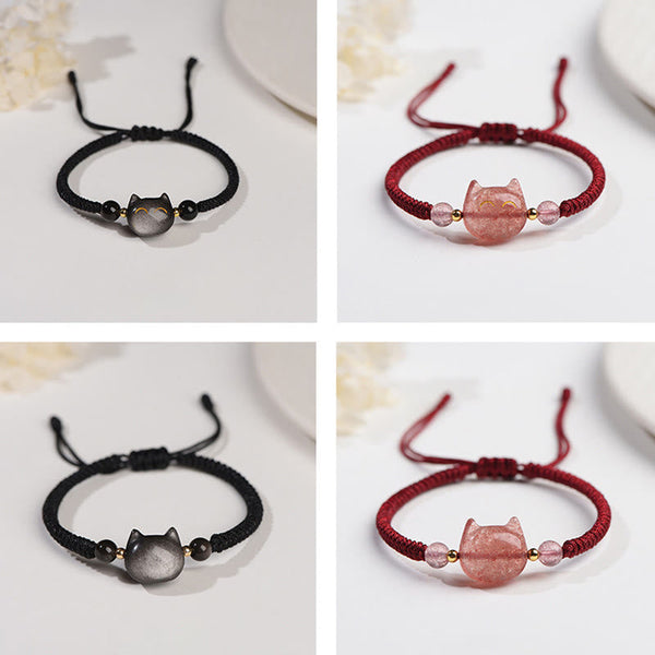 Silver sheen obsidian and strawberry quartz cat bracelet set, four views showing black and burgundy cord variants with gold-accented cat charms