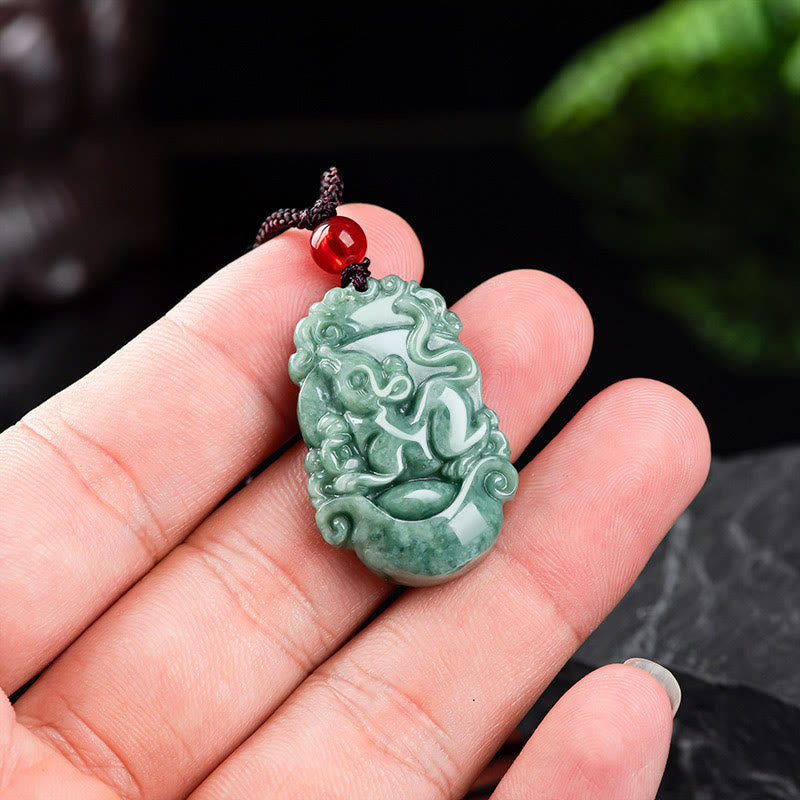 Jade Zodiac Prosperity Necklace – Rat holding coin on open palm, wealth symbolism, prosperous