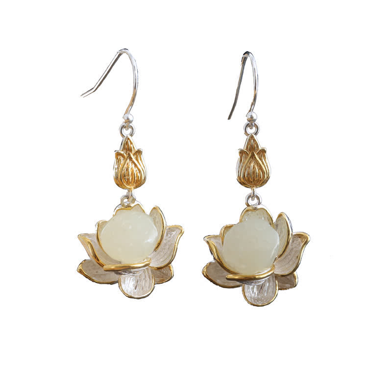 White Jade Lotus Drop Earrings