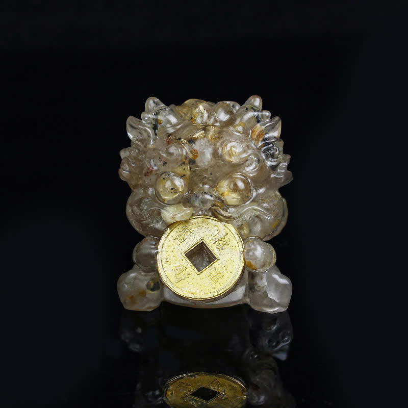 Handmade PiXiu Crystal – Golden rutilated quartz front view on black, wealth decor