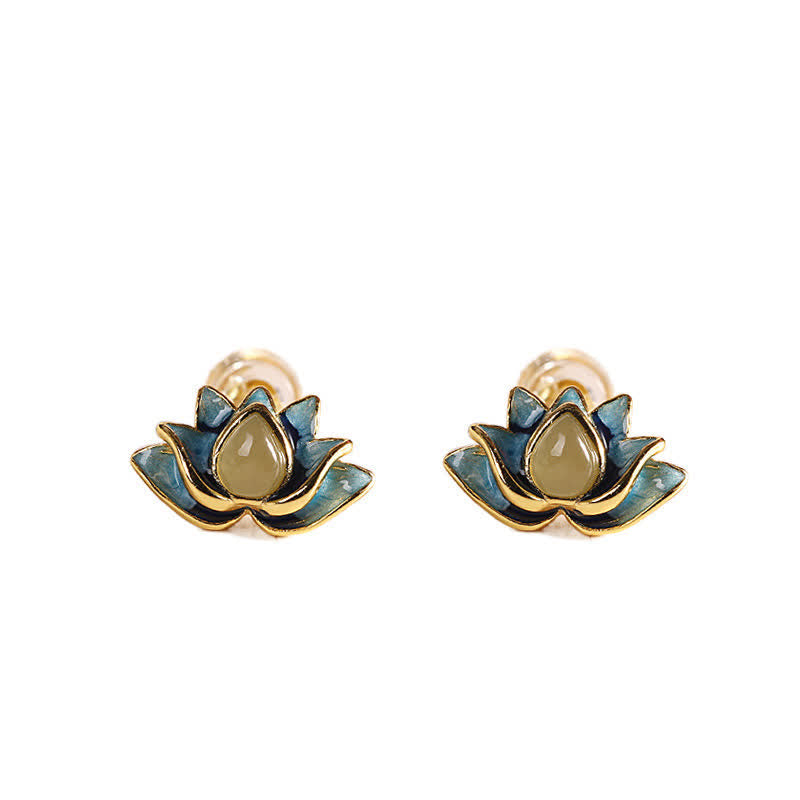 Hetian Cyan Jade Lotus Earrings - Straight-on pair on pure white, blue-green enamel lotus, healing jewelry