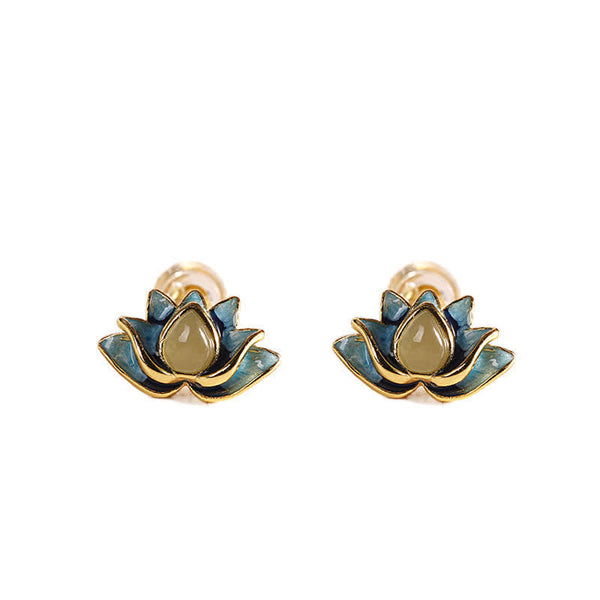 Hetian Cyan Jade Lotus Earrings - Straight-on pair on pure white, blue-green enamel lotus, healing jewelry