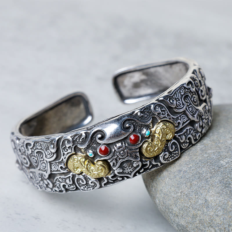 PiXiu Engraved Blessing Bracelet Bangle – side view ornate silver bangle with gold inlays on stone, vintage cuff