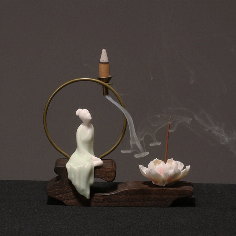 Ceramic Lotus Incense Burner – celadon prayer, brass halo, smoke, lotus holder, tranquil