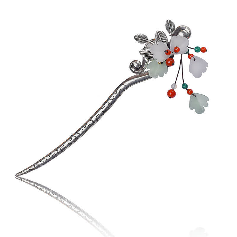 Red Agate Jade Flower Hair Pin, silver hairpin with white jade flowers and red agate beads, white background