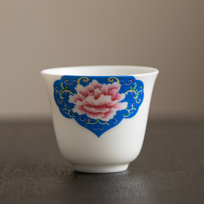 Ceramic Kung Fu Tea Cup – bronze peony with endless knot tassel in ruyi frame, gilded line art, minimalist luxury