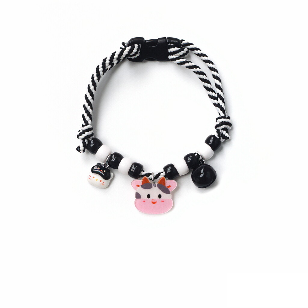Adjustable Cat Collar – Black-white rope with cow face, cat face & black bell, cute pet necklace