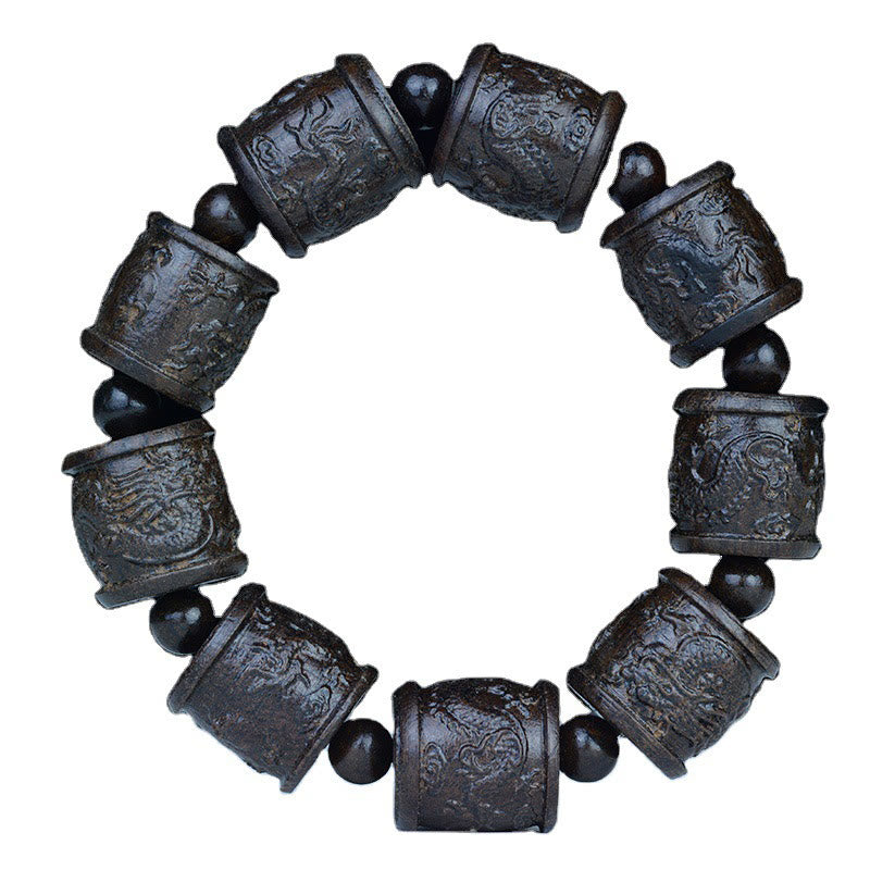 Ebony Wood Eighteen Arhats Lotus Dragon Bracelet - Gold lotus symbol card with meaning, Spiritual Growth