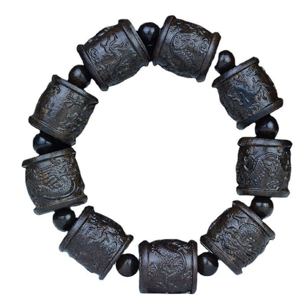 Ebony Wood Eighteen Arhats Lotus Dragon Bracelet - Gold lotus symbol card with meaning, Spiritual Growth