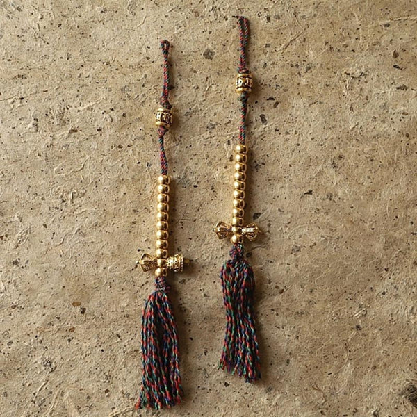 108 Bodhi Seed Mala Bracelet – Two gold vajra tassel counters with braided cords, mala accessories
