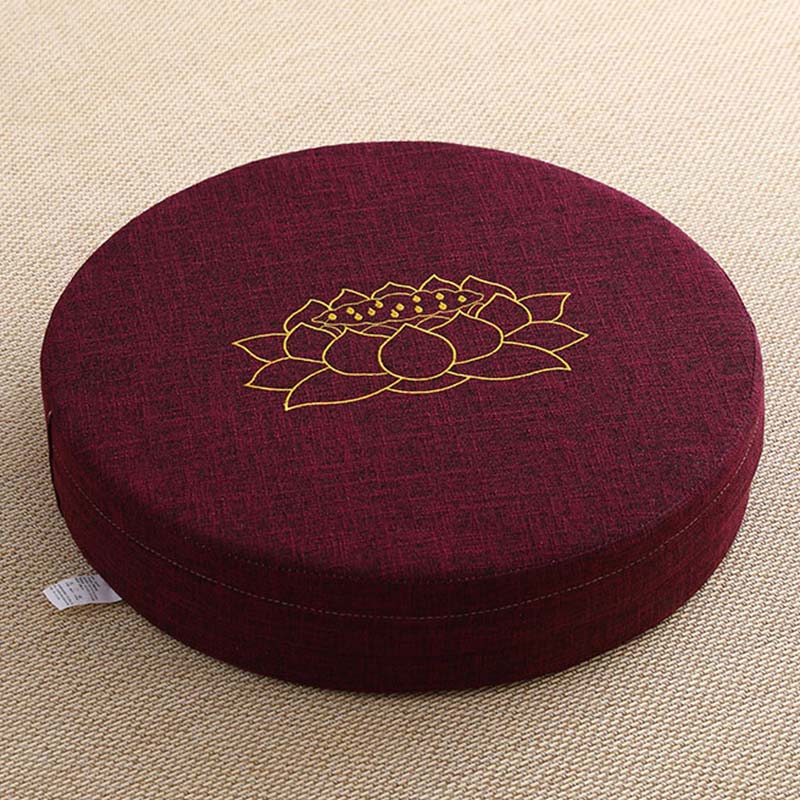 Burgundy Lotus Meditation Cushion - Gold embroidered lotus on maroon linen zafu, rich tone