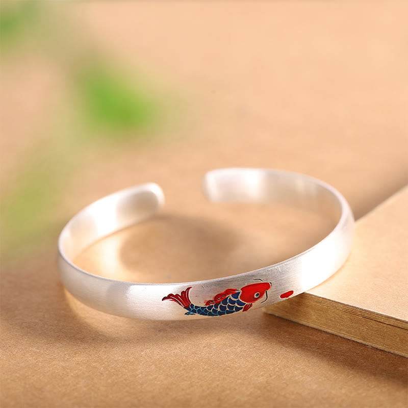 999 Silver Koi Cuff Bangle - front view, polished silver koi fish cuff bracelet, luck jewelry