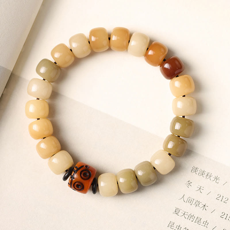 Natural Bodhi Seed Om Mani Padme Hum Wisdom Bracelet - Open book backdrop, zen aesthetic