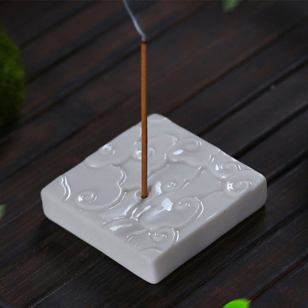 Mini Auspicious Clouds Ceramic Incense Burner – white square holder with burning stick and smoke on dark wood, white ceramic incense burner