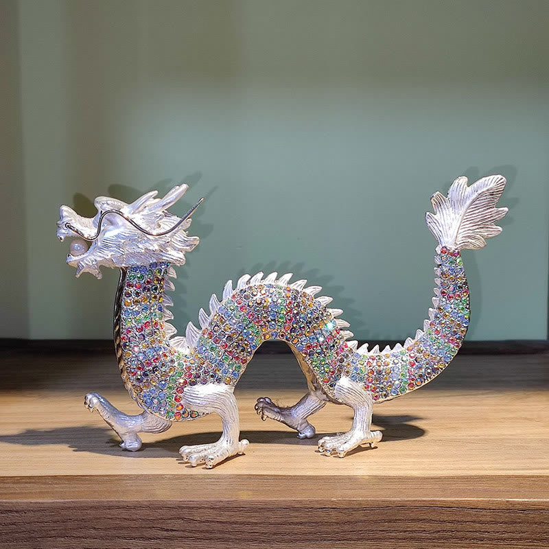 Handmade Feng Shui Dragon Decoration – Multicolor rainbow crystal dragon on wood shelf, silver frame, Vibrant