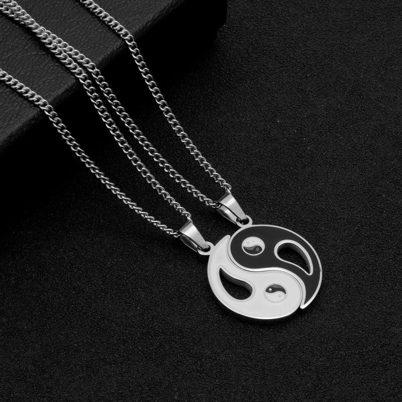 Yin Yang Pendant Couple Necklace Set - Matching black and silver yin-yang pendants on dark background, couples necklace set