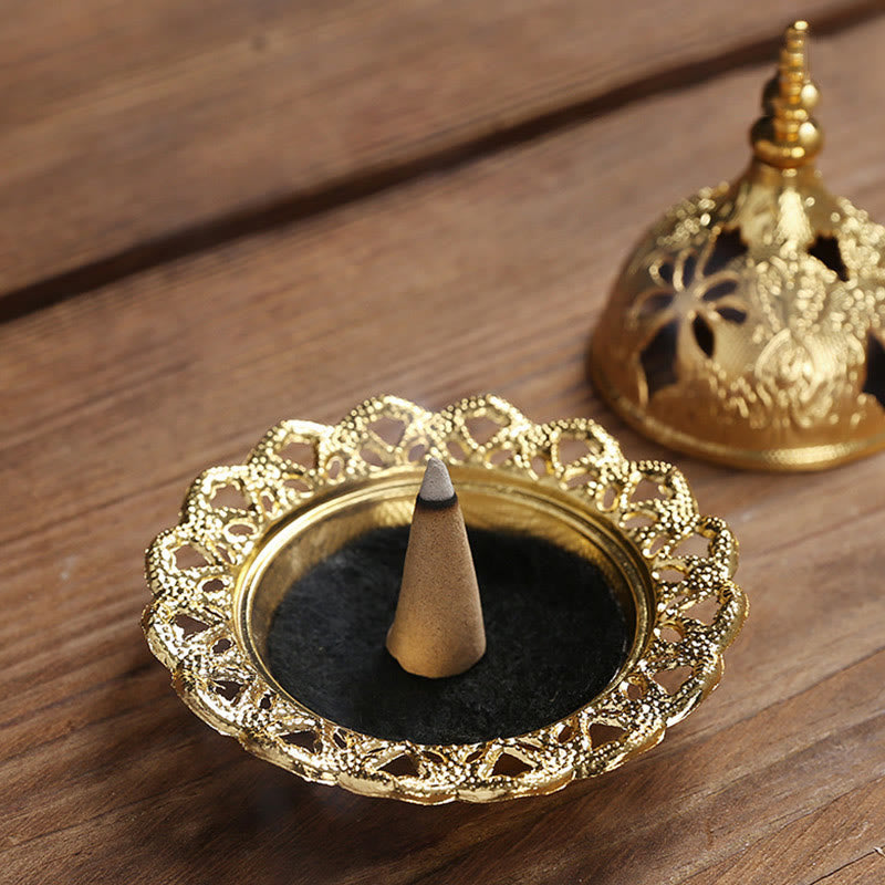 Mini Alloy Incense Burner – ornate gold censer with floral cutwork dome on clean white background