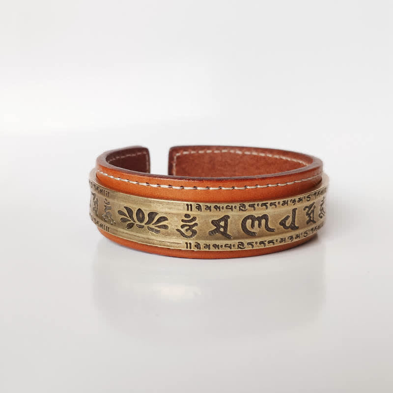 Om Mani Padme Hum Dragon Phoenix Bracelet - Engraved Om Mani Padme Hum lotus brass on brown leather cuff, Devotional