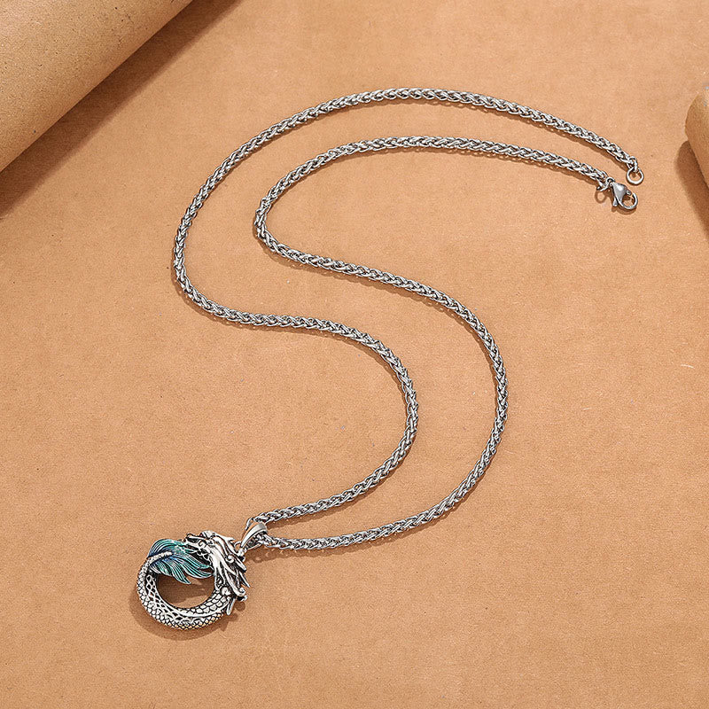 Tibetan Copper Dragon Necklace - Flat-lay S-curve, dragon scales and blue wing, Bold