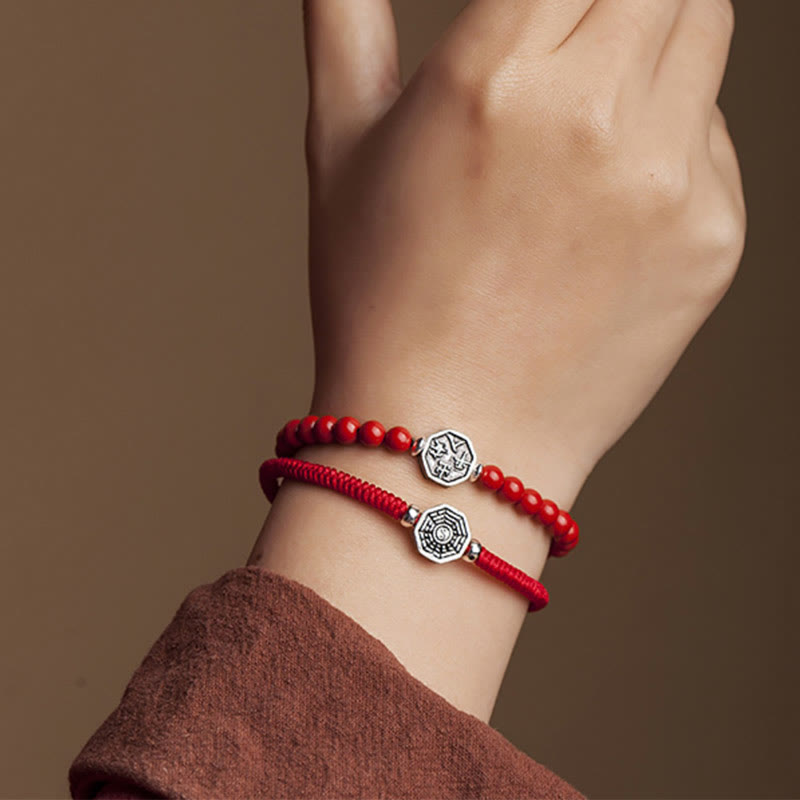 925 Sterling Silver Yin Yang Bagua Cinnabar Bracelet – Stacked cord and beaded bracelets on wrist, layered wear shot