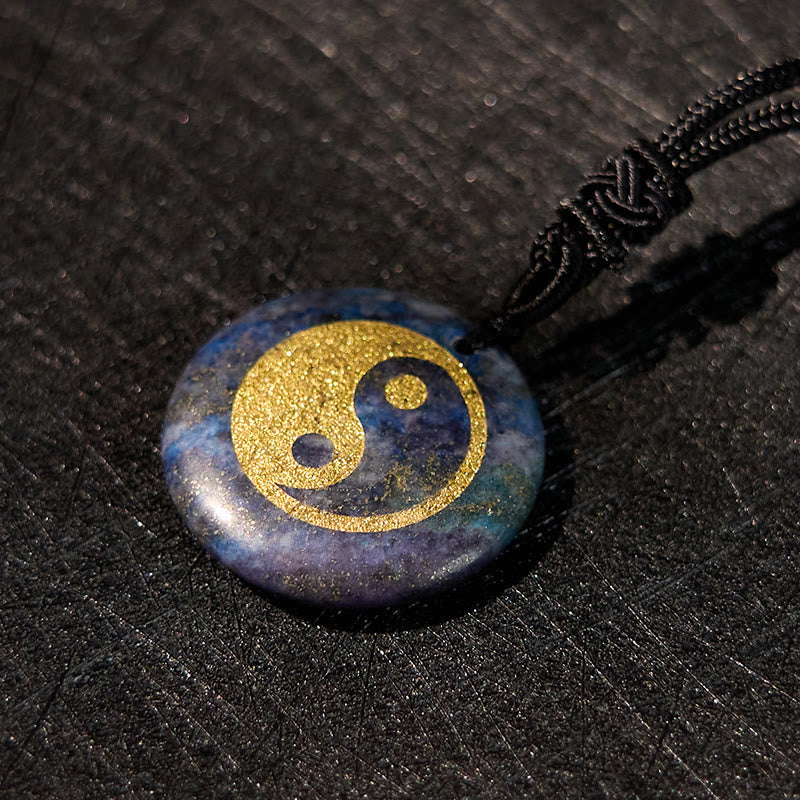 Yin Yang Crystal Necklace – Blue sodalite stone pendant with gold glitter yin-yang symbol, natural blue and gray marbling on 