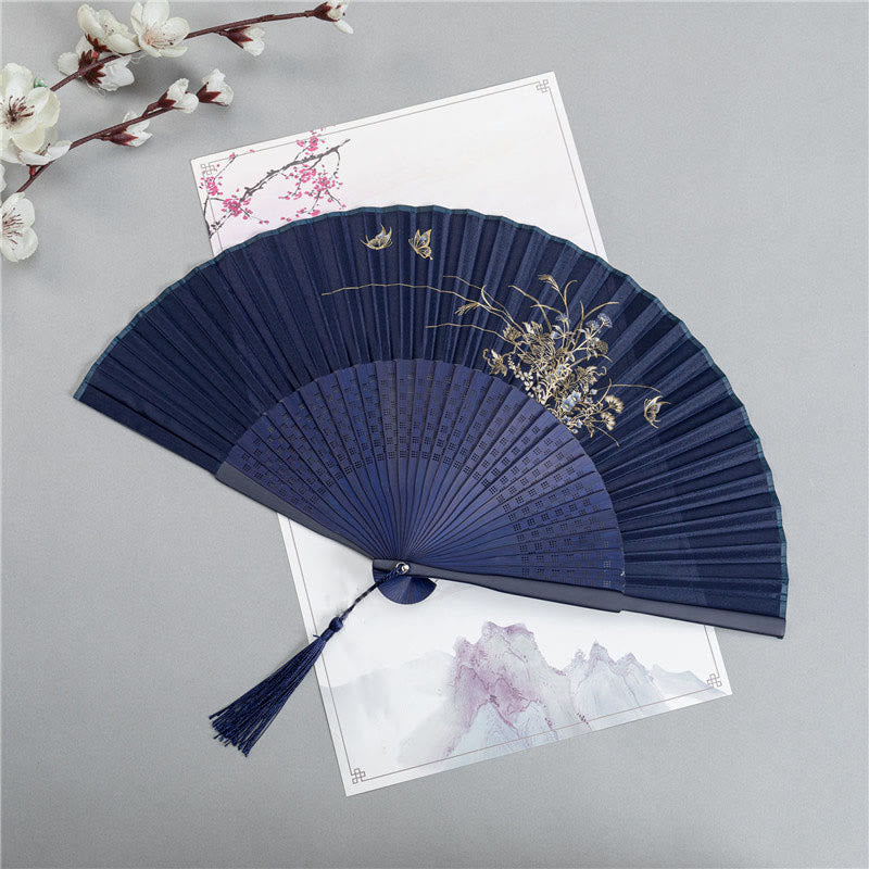 Crane Dragonfly Lotus Silk Bamboo Folding Fan 22.5cm