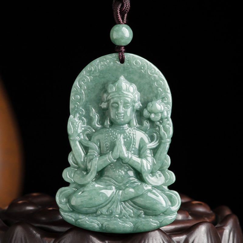 Avalokitesvara Jade Necklace Four-Armed Amulet Blessing 45cm – apple green silk cord, traditional Chinese blessing jewelry