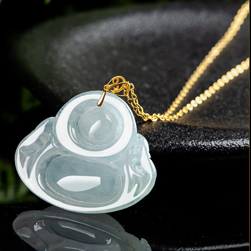 Laughing Buddha Jade Pendant Necklace – Belly-exposed Maitreya figure carved in stone, abundance symbol
