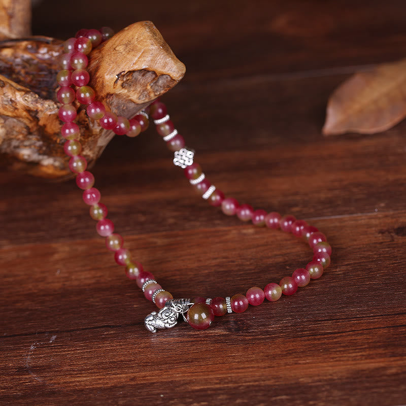 Watermelon Tourmaline Bracelet – Triple wrap on gnarled wood with dry leaf accent