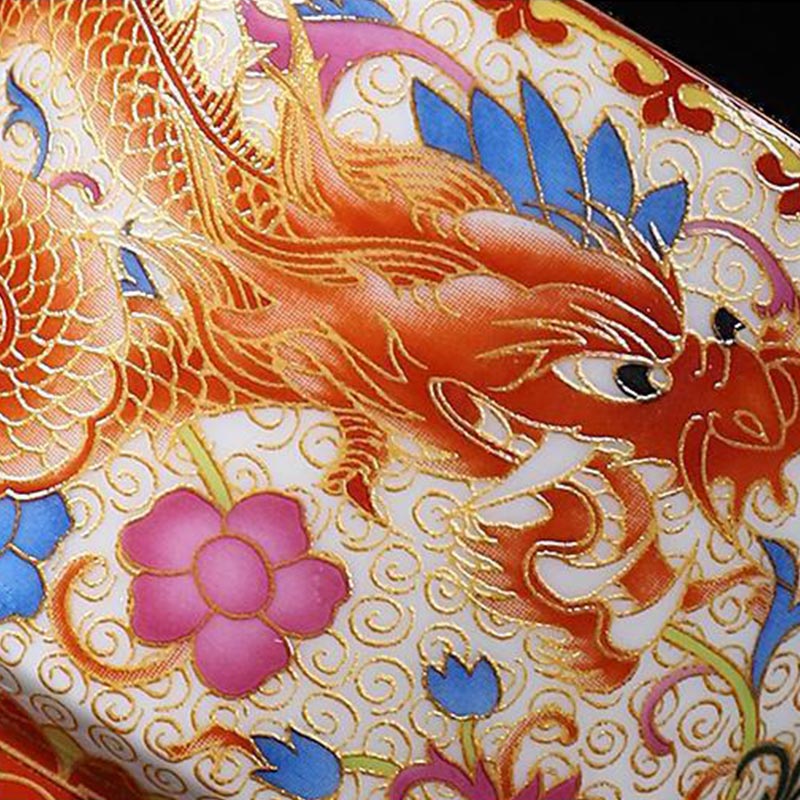 2Pcs Dragon Phoenix Ceramic Teacup Set - Close-up dragon scales and pink florals, hand-painted