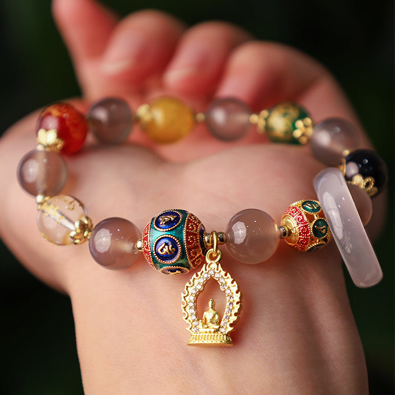 Gray Agate Prayer Bracelet - Worn on wrist showing stretch fit, unisex agate jewelry