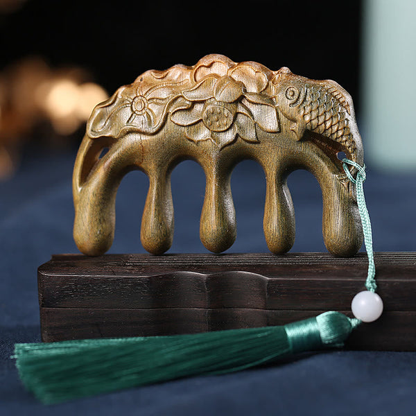 Green Sandalwood Koi & Lotus Tassel Comb, image 18