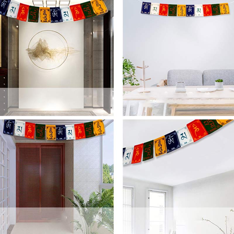 Tibetan Prayer Flags – Four-panel composite showing flags in modern home interiors, versatile spiritual decor