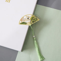 Brass Hollow Fan Bookmark - Crane and mountain cutout with green tassel and pearl, auspicious
