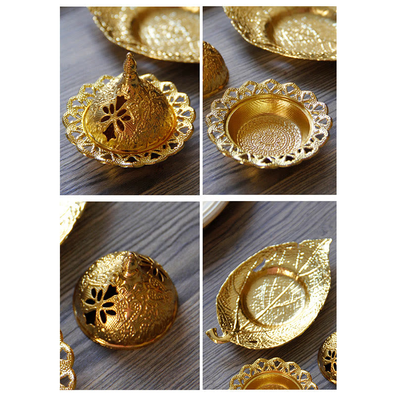 Tibetan Gold Leaf Coaster Incense Burner – Multi-angle view showing lid open interior and leaf dish detail, brass incense set