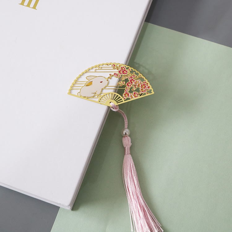 Brass Hollow Fan Bookmark - Rabbit and cherry blossom cutout with pink tassel, adorable
