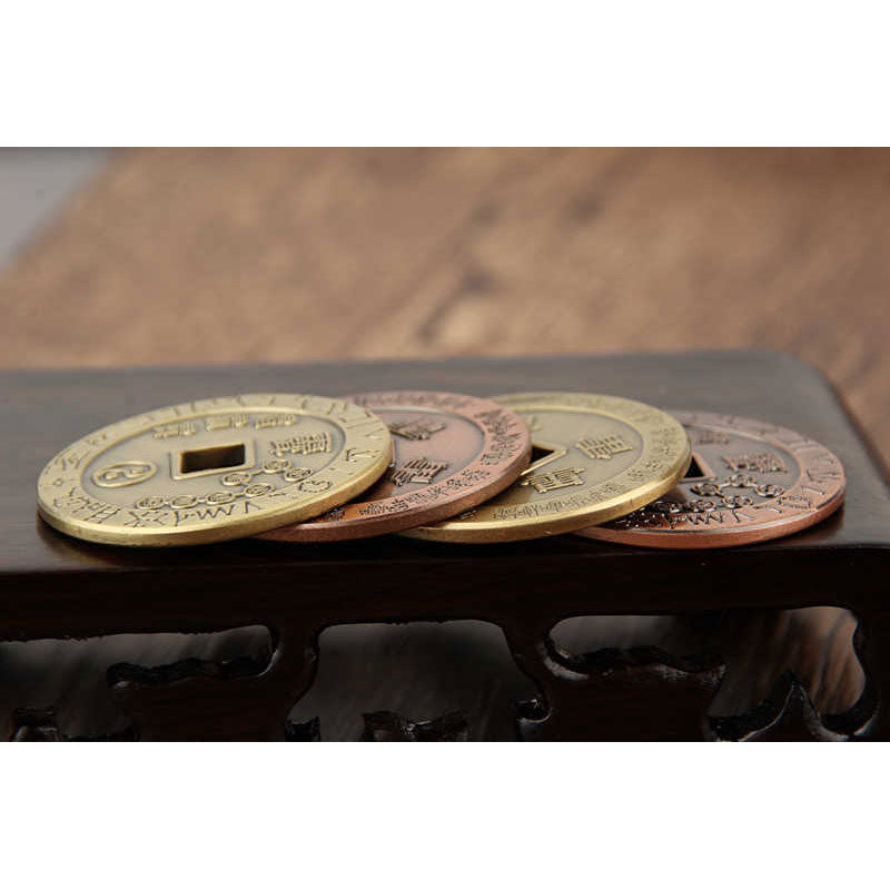 Taoist Yin Yang Copper Protection Amulet - Four collectible coins on wooden stand, feng shui coins