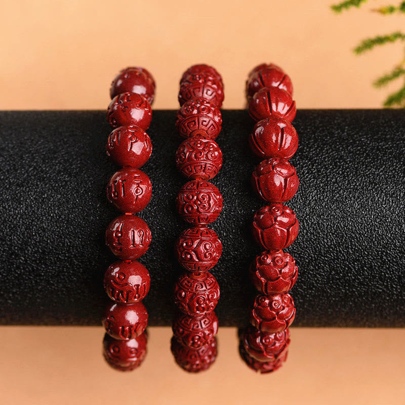 Cinnabar Om Mani Padme Hum Bracelet – three carved red bracelet set on stand, cinnabar bracelet collection