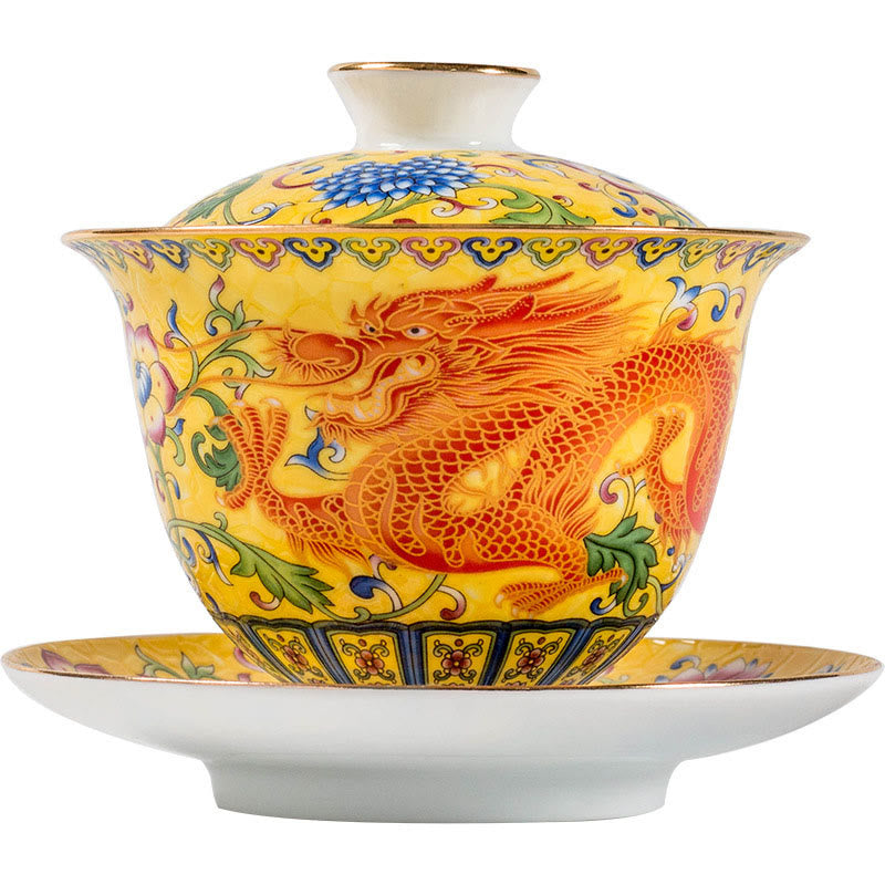 Dragon Phoenix Flower Gaiwan Tea Set – Yellow dragon gaiwan front view on white, complete lid bowl saucer