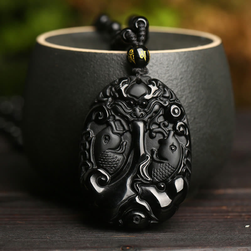 Black Obsidian Koi Fish Bead Rope Necklace – worn on neck lifestyle shot, layered beaded pendant style