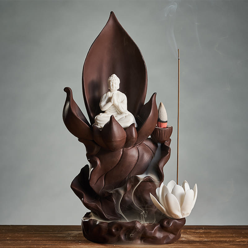 Lotus Buddha Avalokitesvara Purple Clay Incense Burner – front view showing deity lid figure, zen home decor