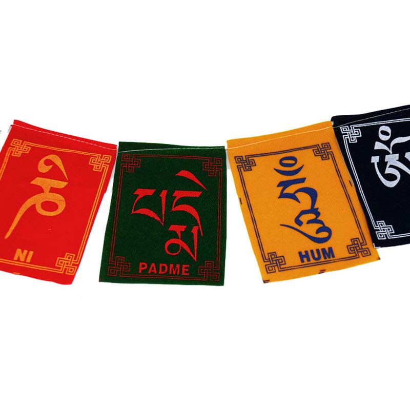Tibetan Prayer Flags – Red green yellow black flags with NI PADME HUM text on white background, mantra banner
