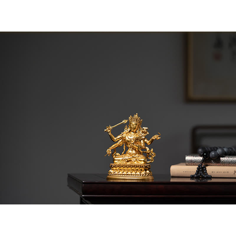 Four-Armed Manjusri Bodhisattva Gold Copper Statue Home Decor – back throne ushnisha, full craftsmanship
