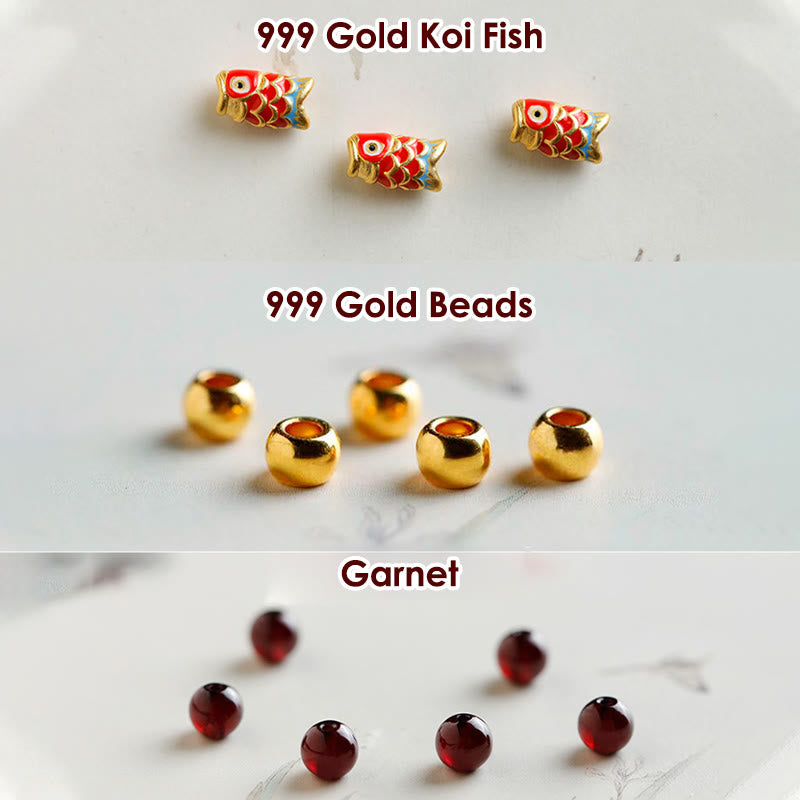999 Gold Koi Bracelet – macro shot of garnet bead facets, 999 gold koi fish charm, red gemstone bracelet