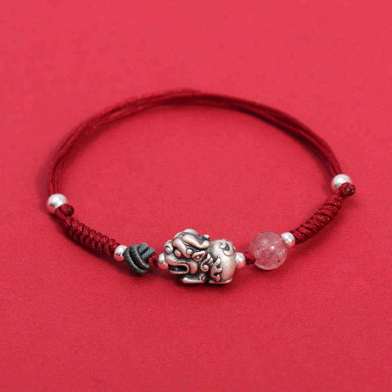 Silver PiXiu Strawberry Quartz Bracelet – Red braided bracelet with silver PiXiu on red