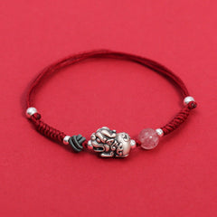Silver PiXiu Strawberry Quartz Bracelet – Red braided bracelet with silver PiXiu on red